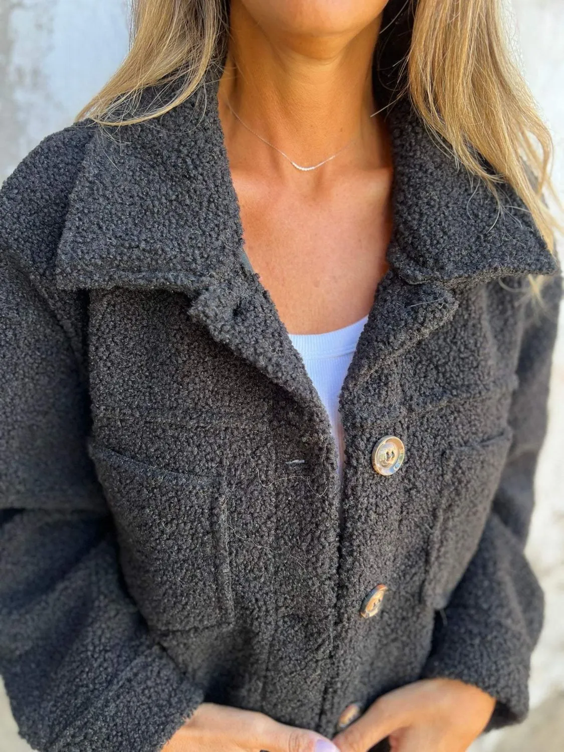 Fuzzy Button Up Drop Shoulder Jacket | Fuzzy Jackets | Cozy Weather