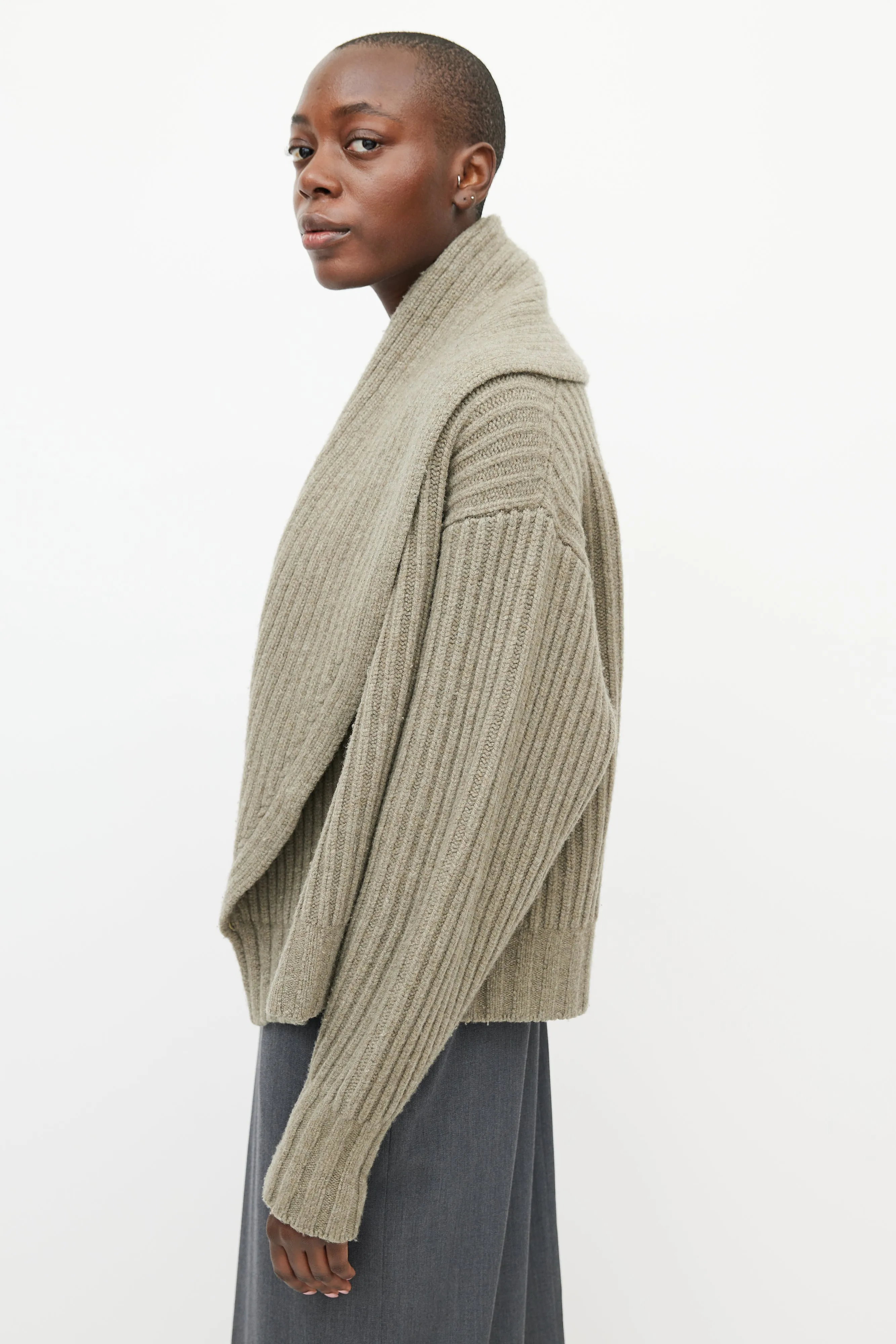 Green Ribbed Knit Wrap Cardigan