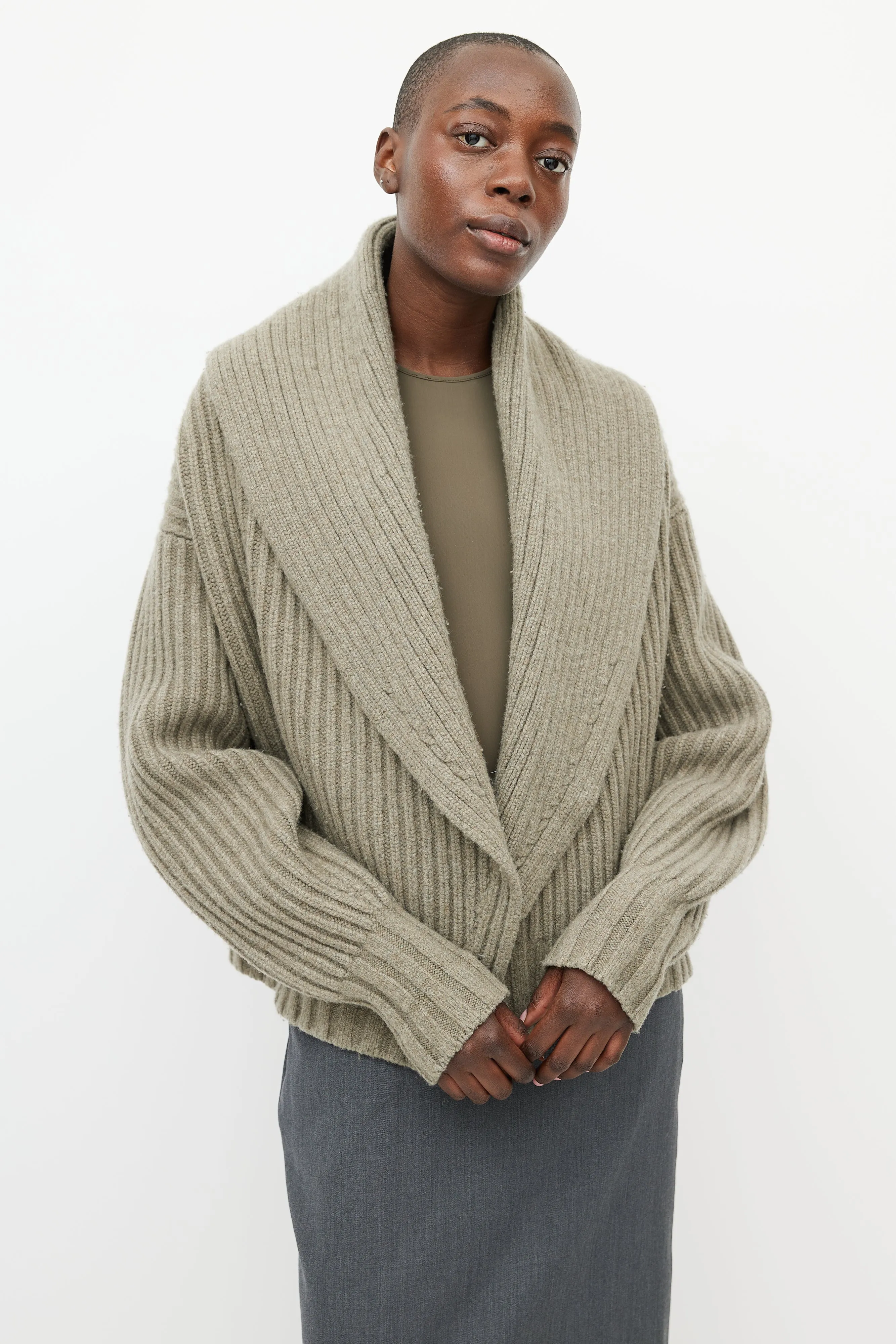 Green Ribbed Knit Wrap Cardigan