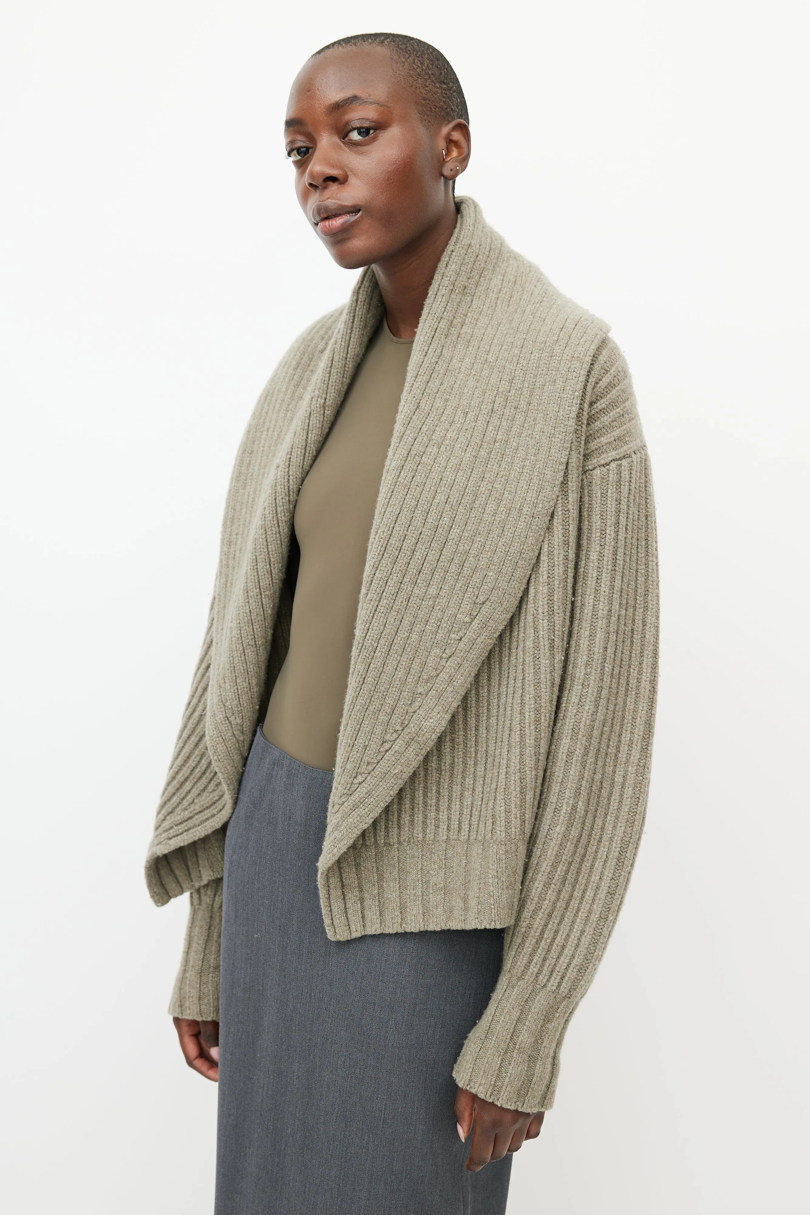 Green Ribbed Knit Wrap Cardigan