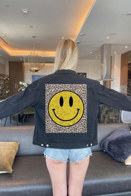 HAPPY FACE LEOPARD DENIM JACKET