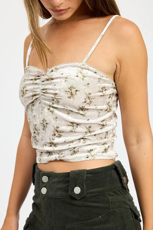 Hot Girl Demure Daphne Olive Floral Velvet Lace Trim Cami