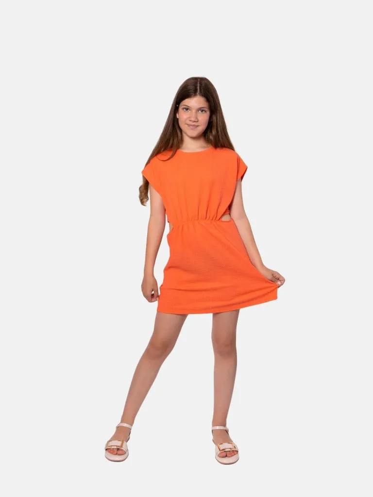 Junior Girl Lou Crinkled Summer Dresses with Playful Cut-Outs-Orange