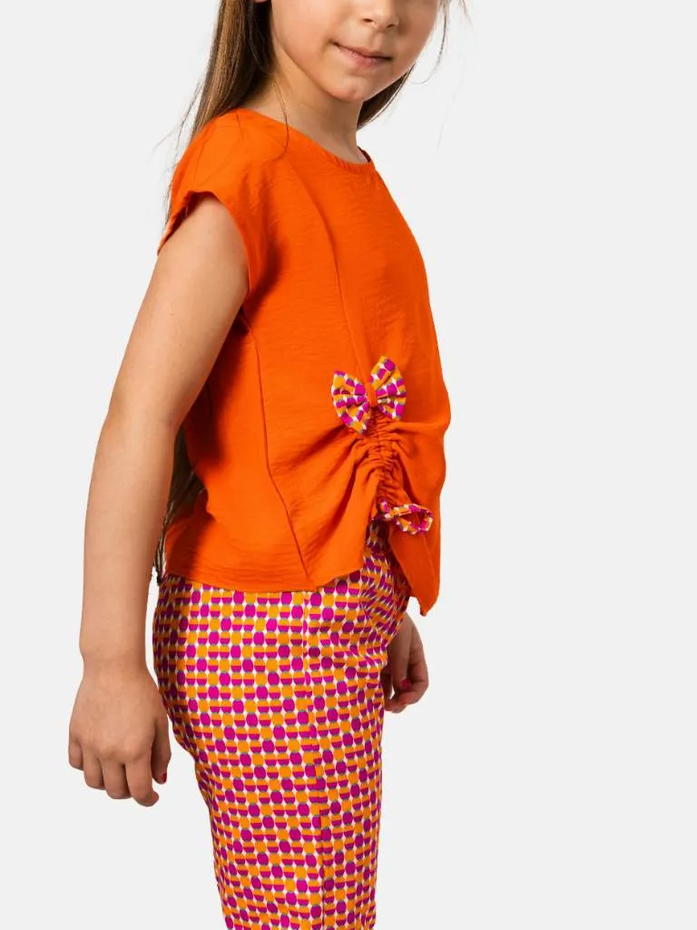 Junior Girl Roxane French Collection Drawstring Top with bow and Printed Pants Set - Orange