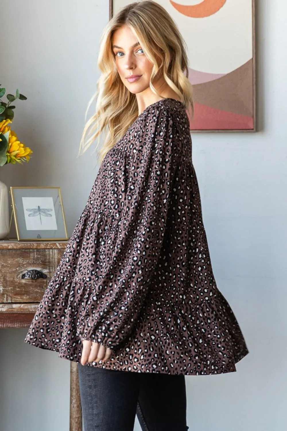 Leopard  Long Sleeve Tiered Blouse