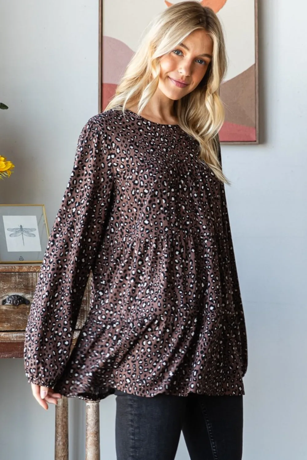 Leopard  Long Sleeve Tiered Blouse