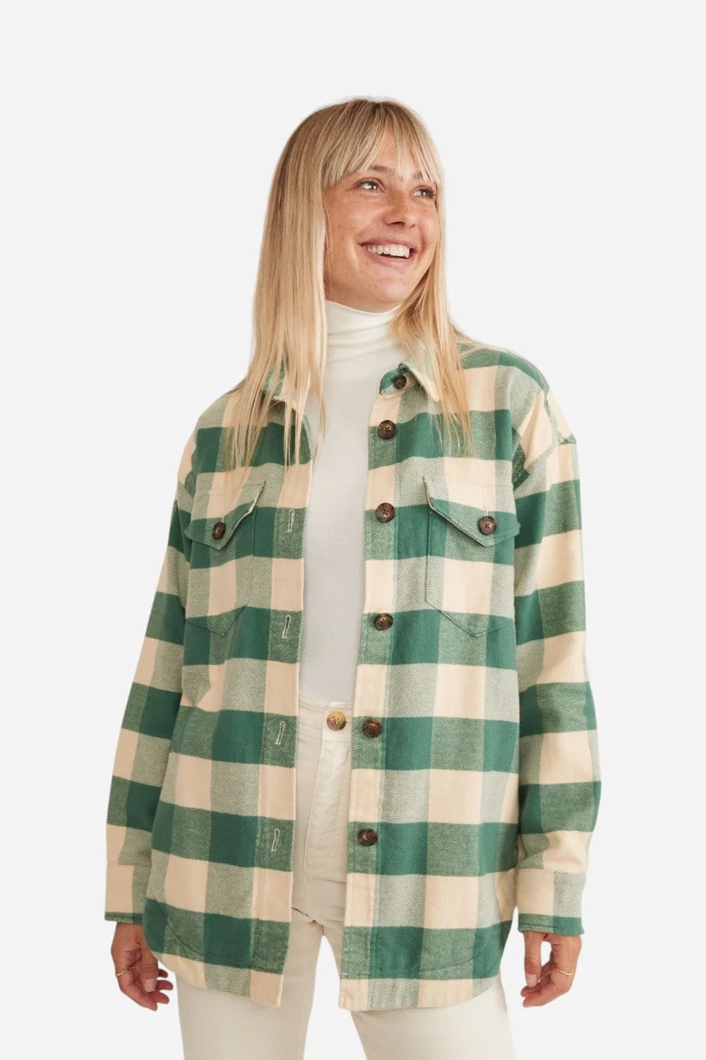 Marine Layer Bailey Flannel Shirt Jacket in Green Cream Buffalo