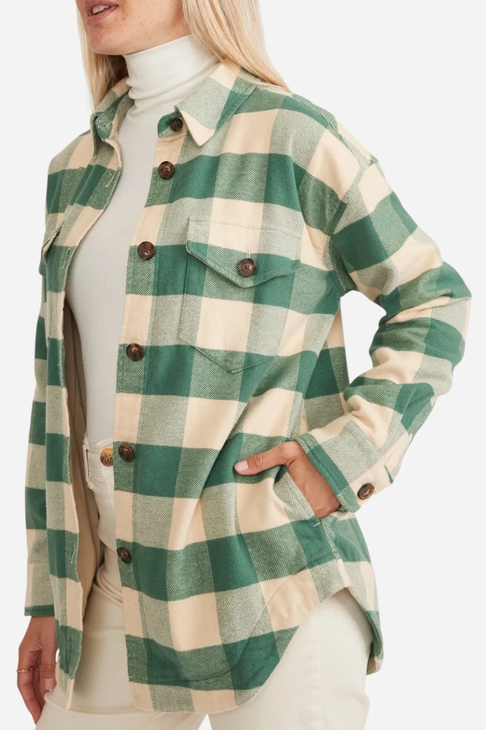 Marine Layer Bailey Flannel Shirt Jacket in Green Cream Buffalo