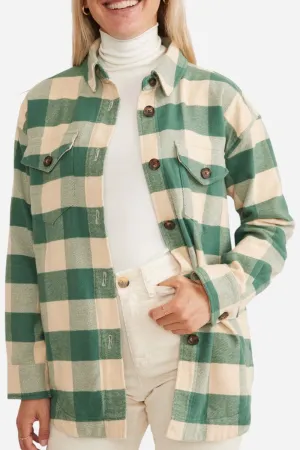 Marine Layer Bailey Flannel Shirt Jacket in Green Cream Buffalo