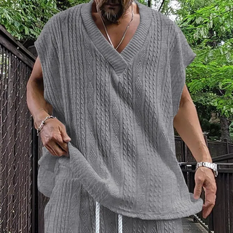 Men's Casual V-neck Loose Jacquard Sweater Sleeveless Vest 12597038L