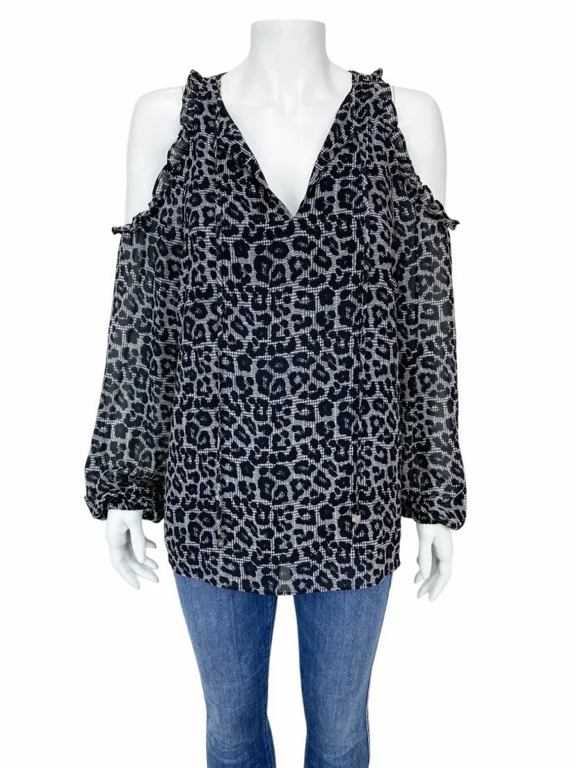 Michael Michael Kors, Women's Leopard Ruffle Blouse, Black/Grey, Size M