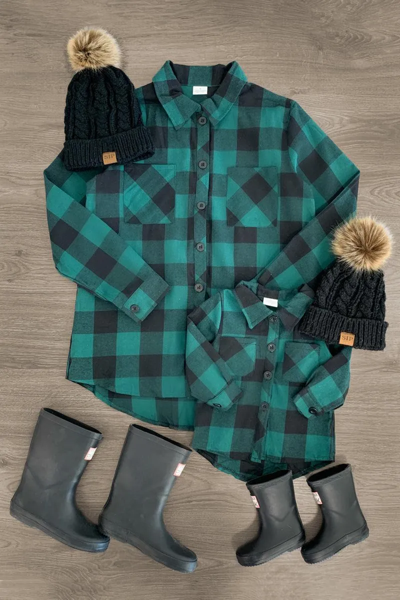 Mom & Me - Black & Green Plaid Button Up Top