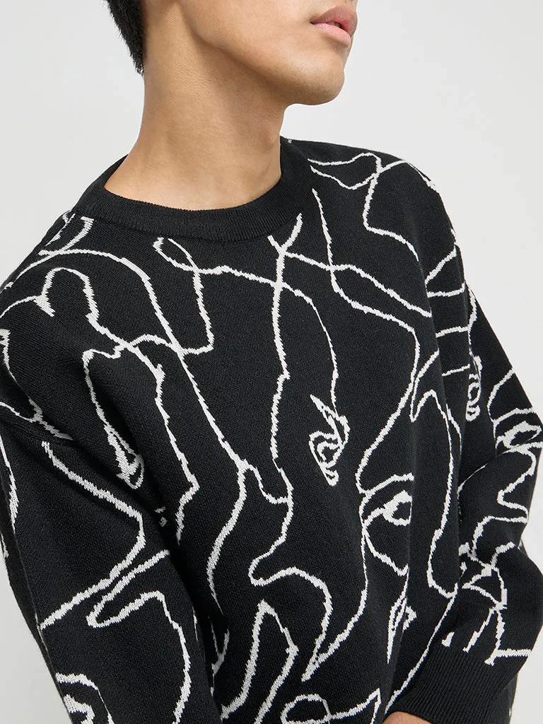 Nuon Black Abstract Embroidered Relaxed-Fit Sweater