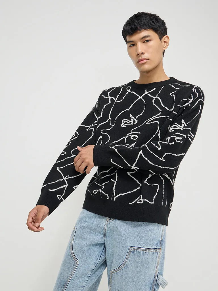 Nuon Black Abstract Embroidered Relaxed-Fit Sweater