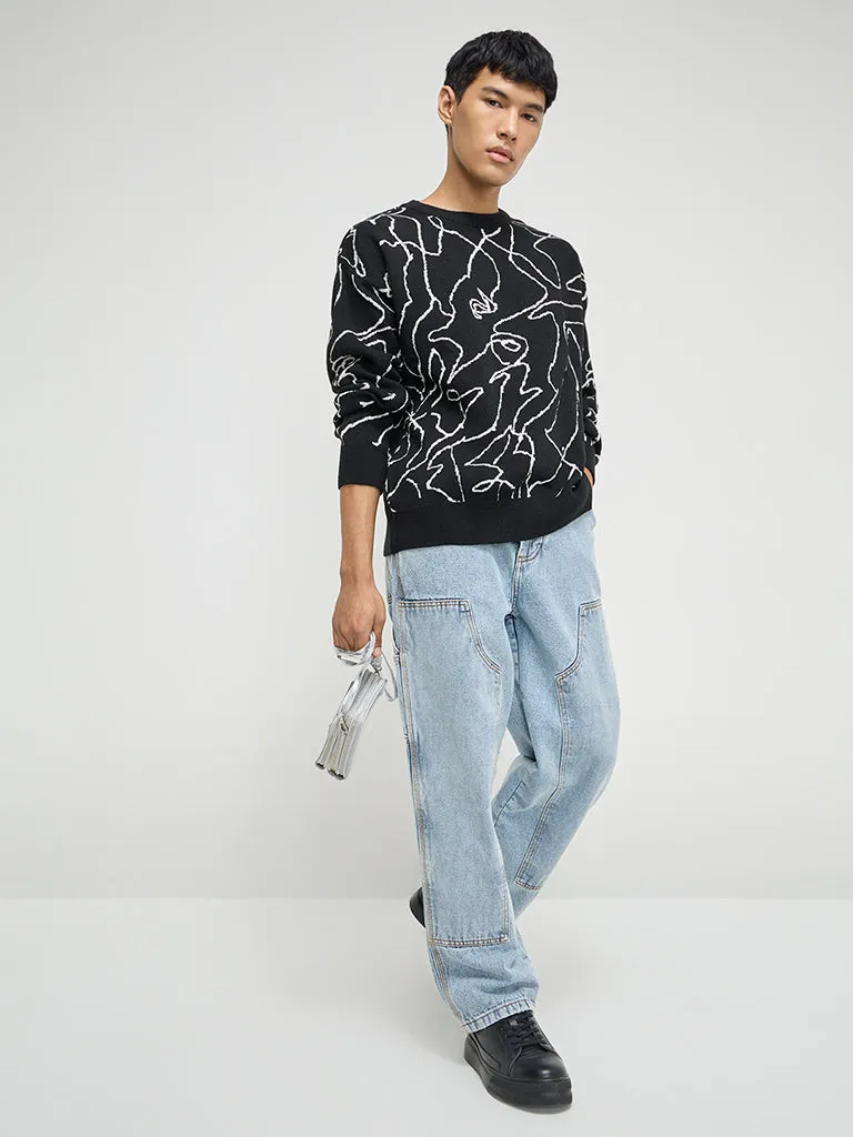 Nuon Black Abstract Embroidered Relaxed-Fit Sweater