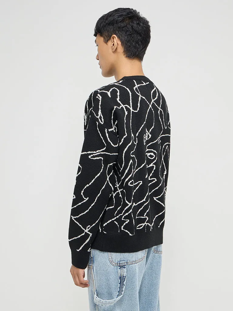 Nuon Black Abstract Embroidered Relaxed-Fit Sweater