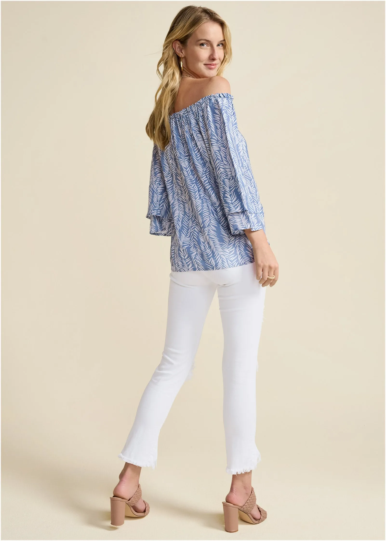 Off-The-Shoulder Printed Top - Blue & White