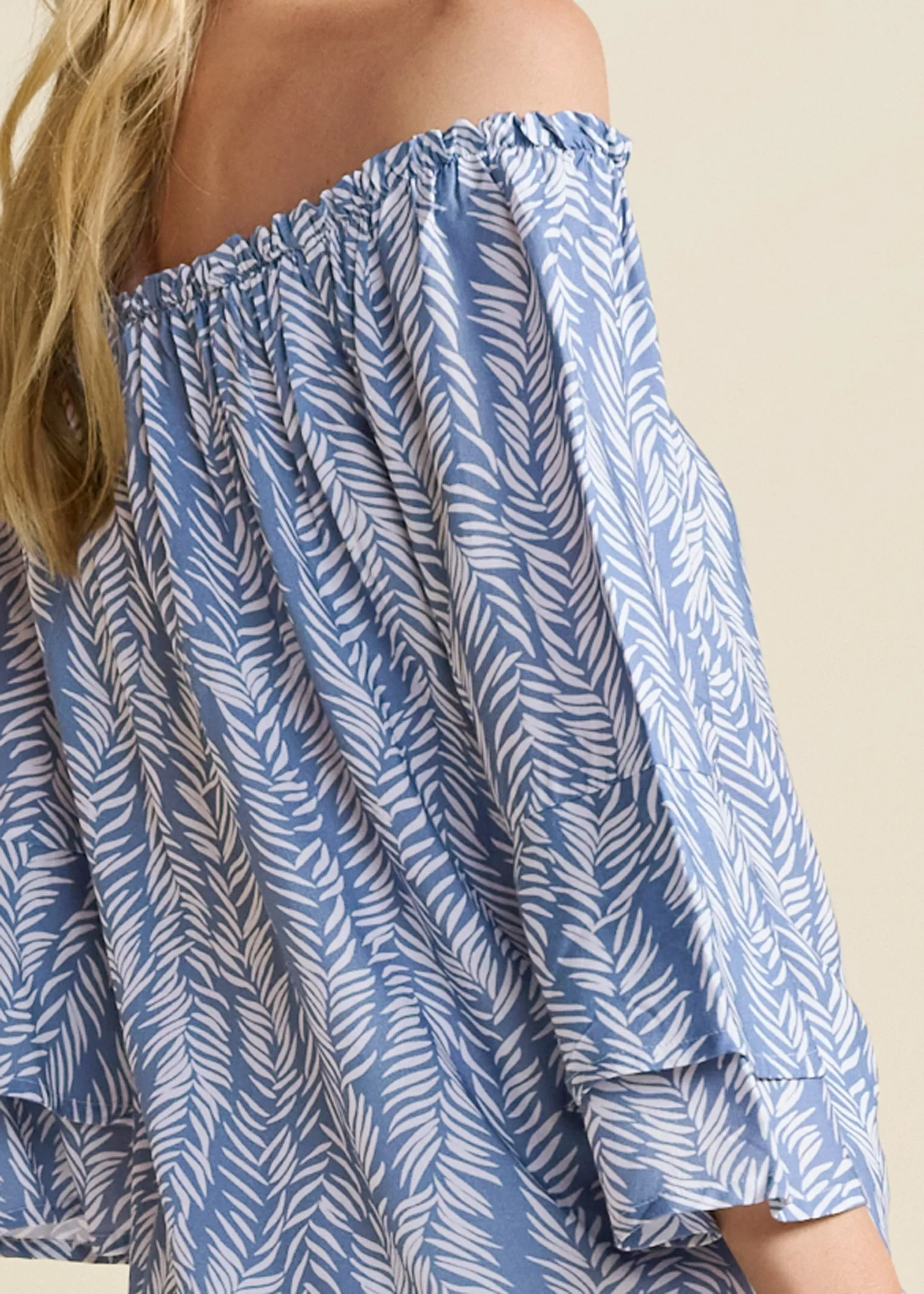 Off-The-Shoulder Printed Top - Blue & White