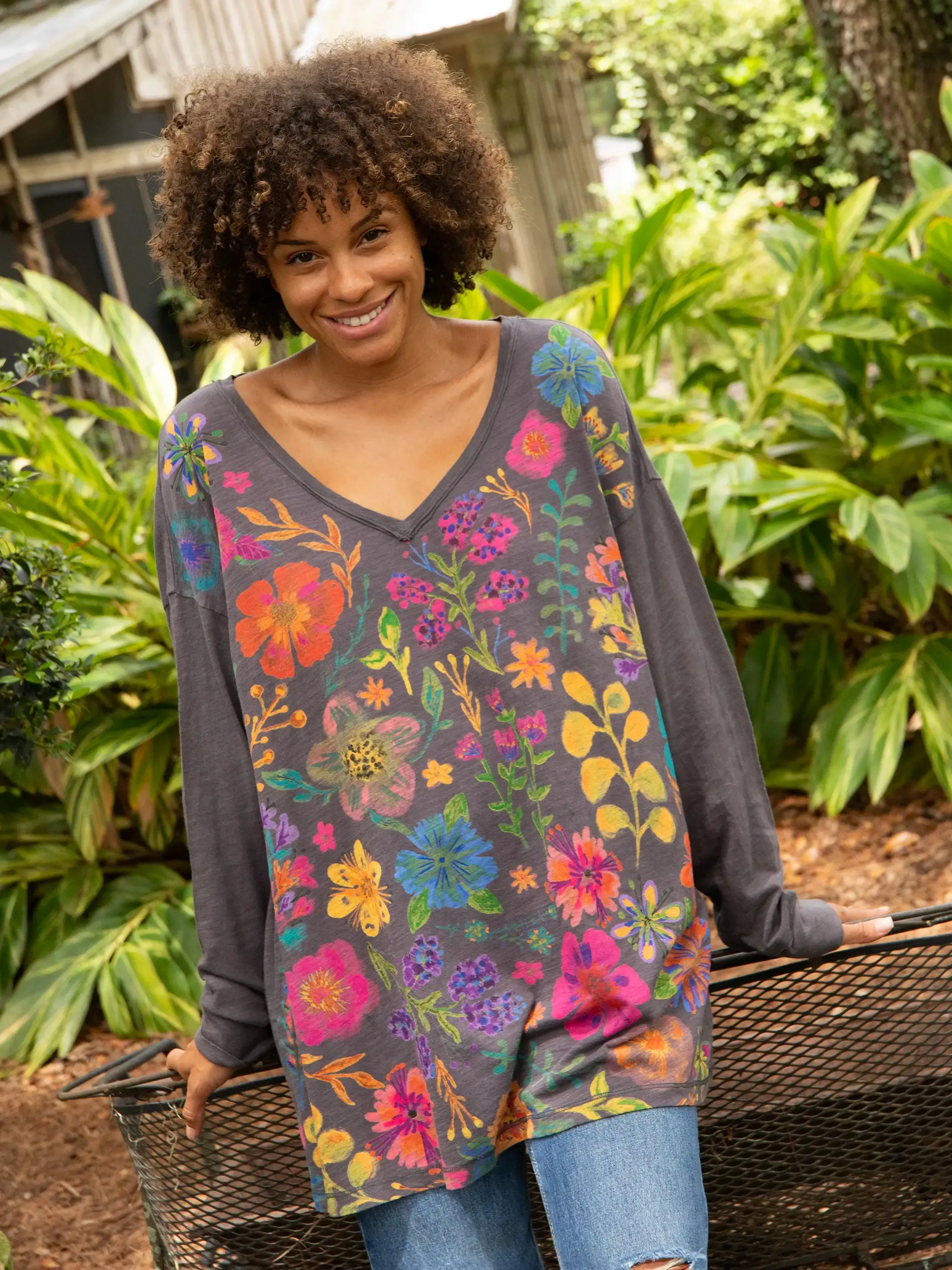 One Size Cotton Long Sleeve Easy V-Neck Tee - Charcoal Floral