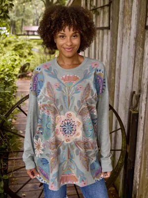 One Size Long Sleeve Cotton Easy Tee - Dusty Blue Flower Bouquet