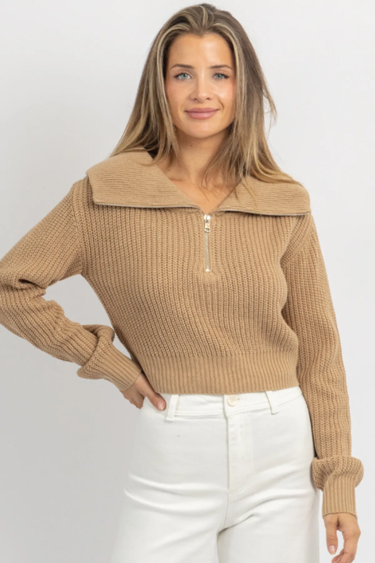 PAXTON MOCHA COLLARED KNIT TOP