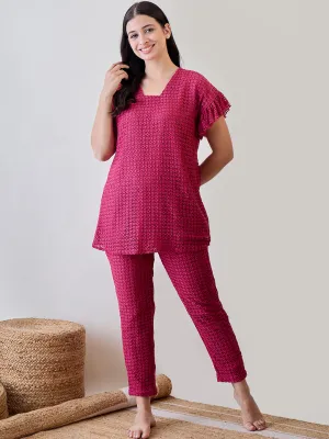 Pink Textured Lace Ruffled Pyjama Set