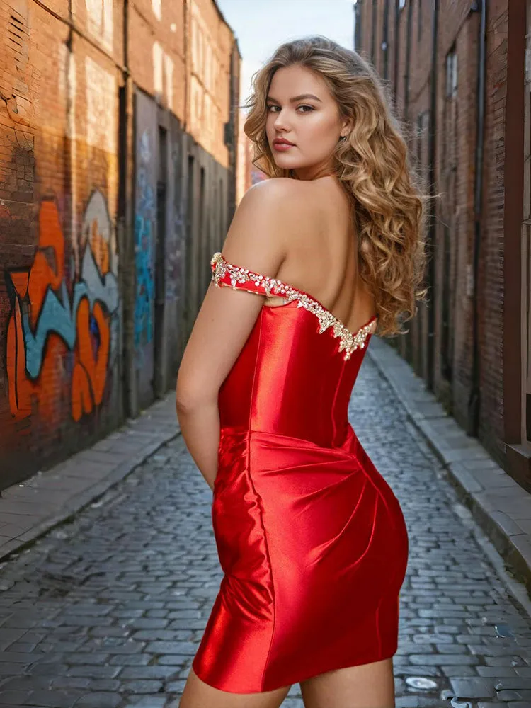 Pleats Red Off-the-shoulder Mini Homecoming Dresses with Rhinestones