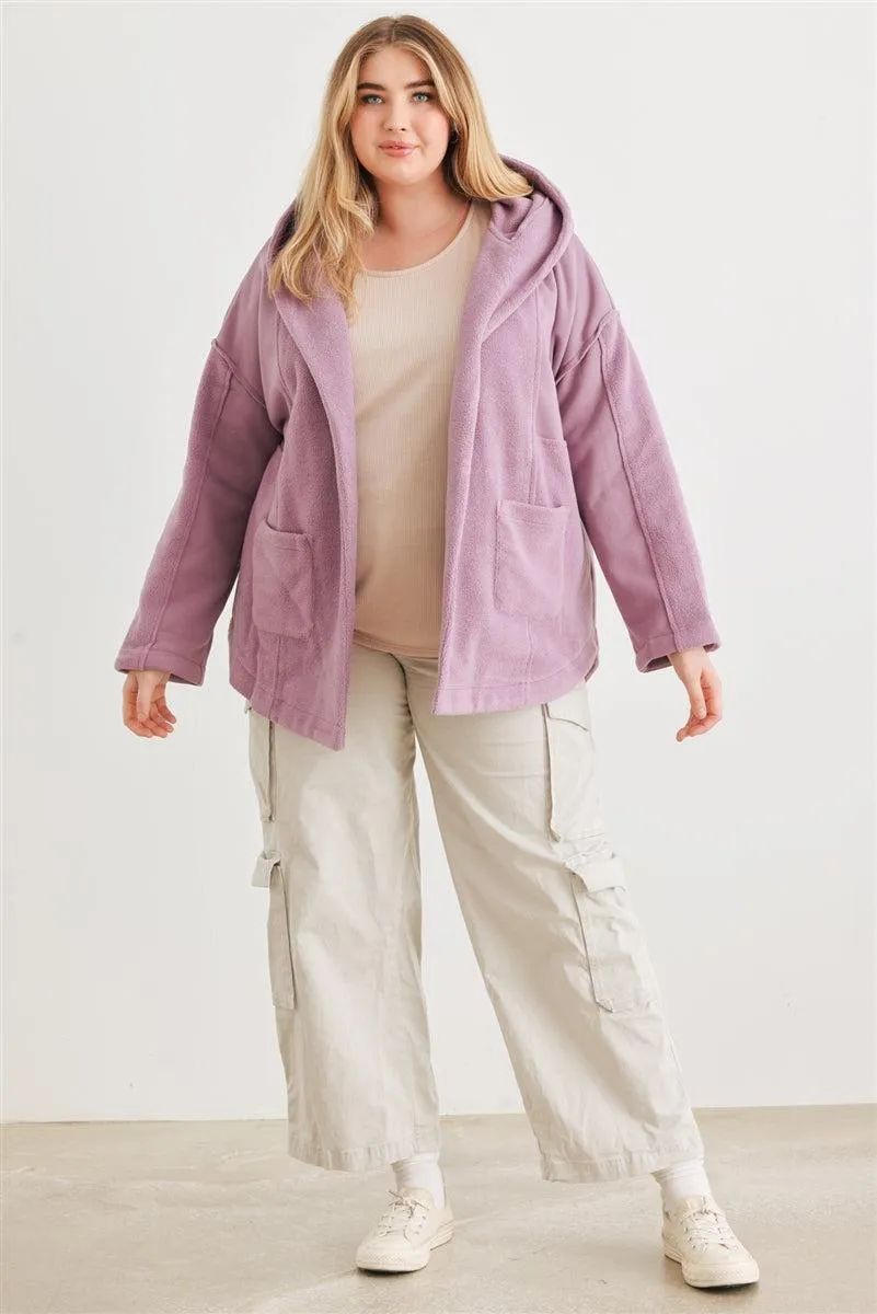 Plus Size Two Pocket Mauve Hooded Cardigan Jacket