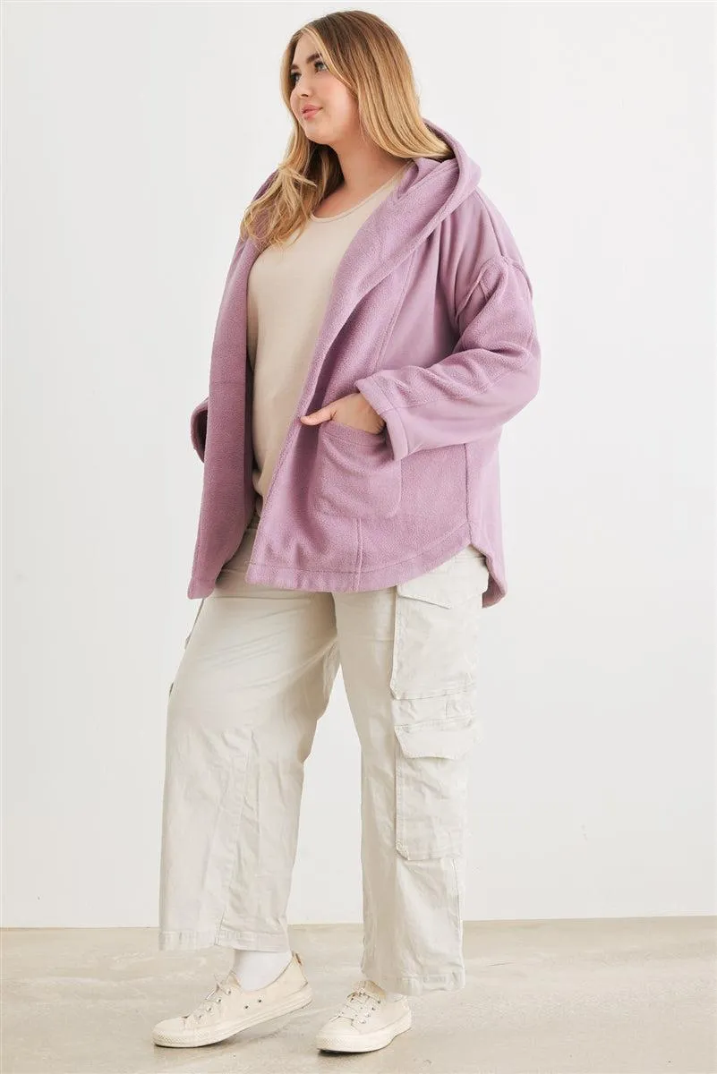 Plus Size Two Pocket Mauve Hooded Cardigan Jacket