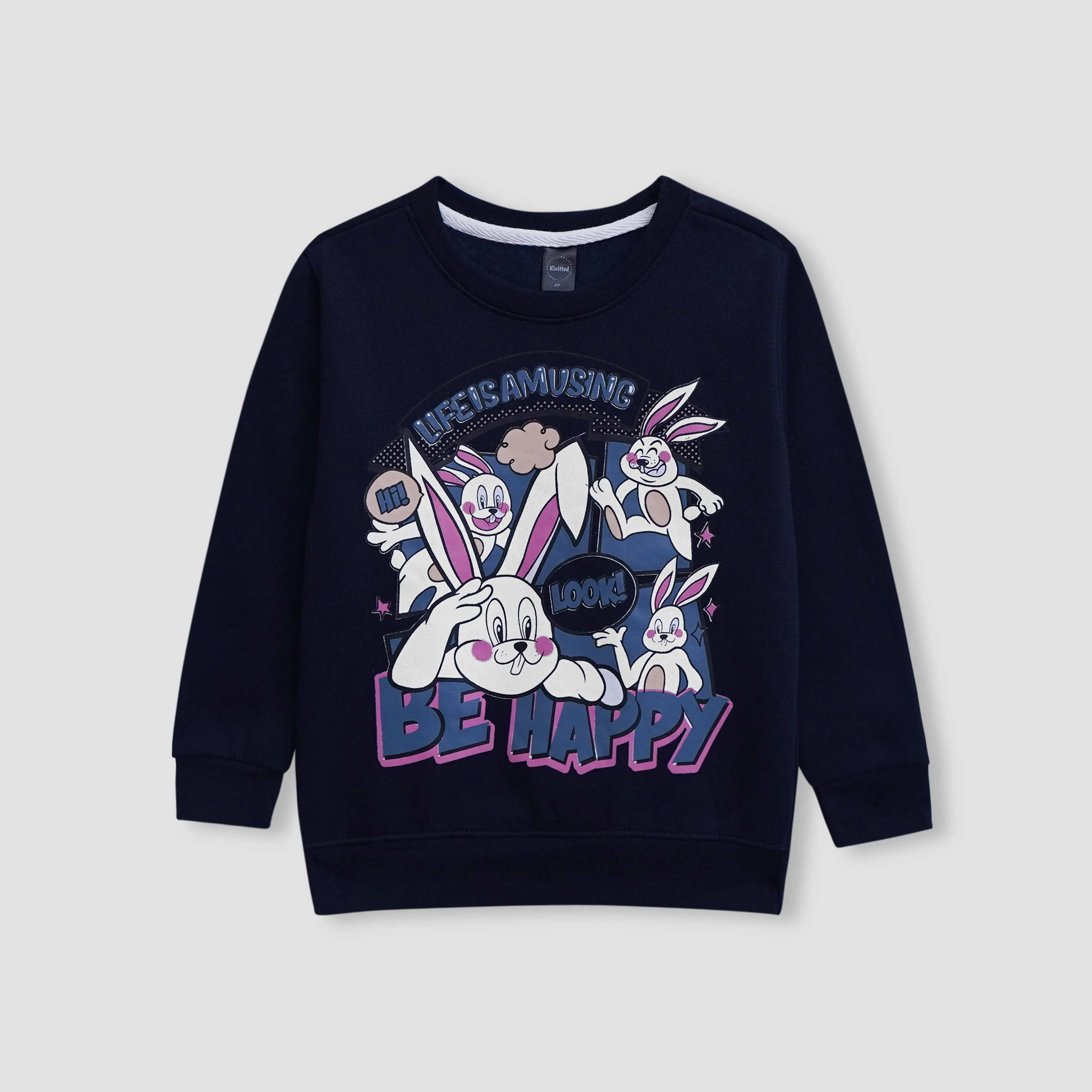 Rabbits Be Happy Printed Sweatshirt in fleece for Kids