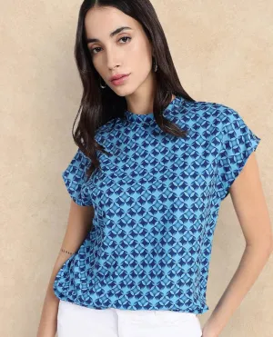 Rareism Women Qoat Blue Extended Sleeves High Neck Button Closure Graphic Print Top