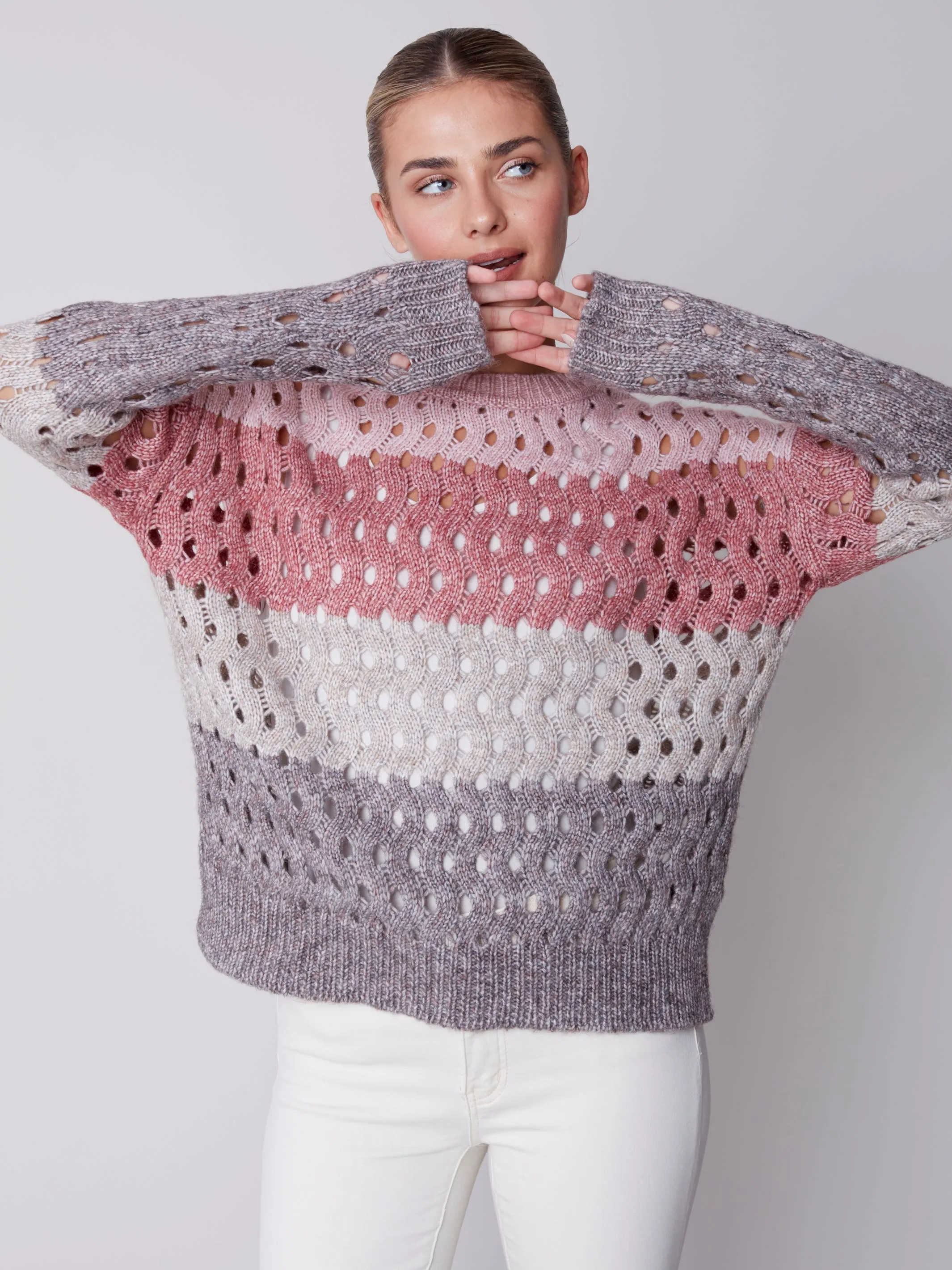 Striped Wavy Net Stitch Sweater