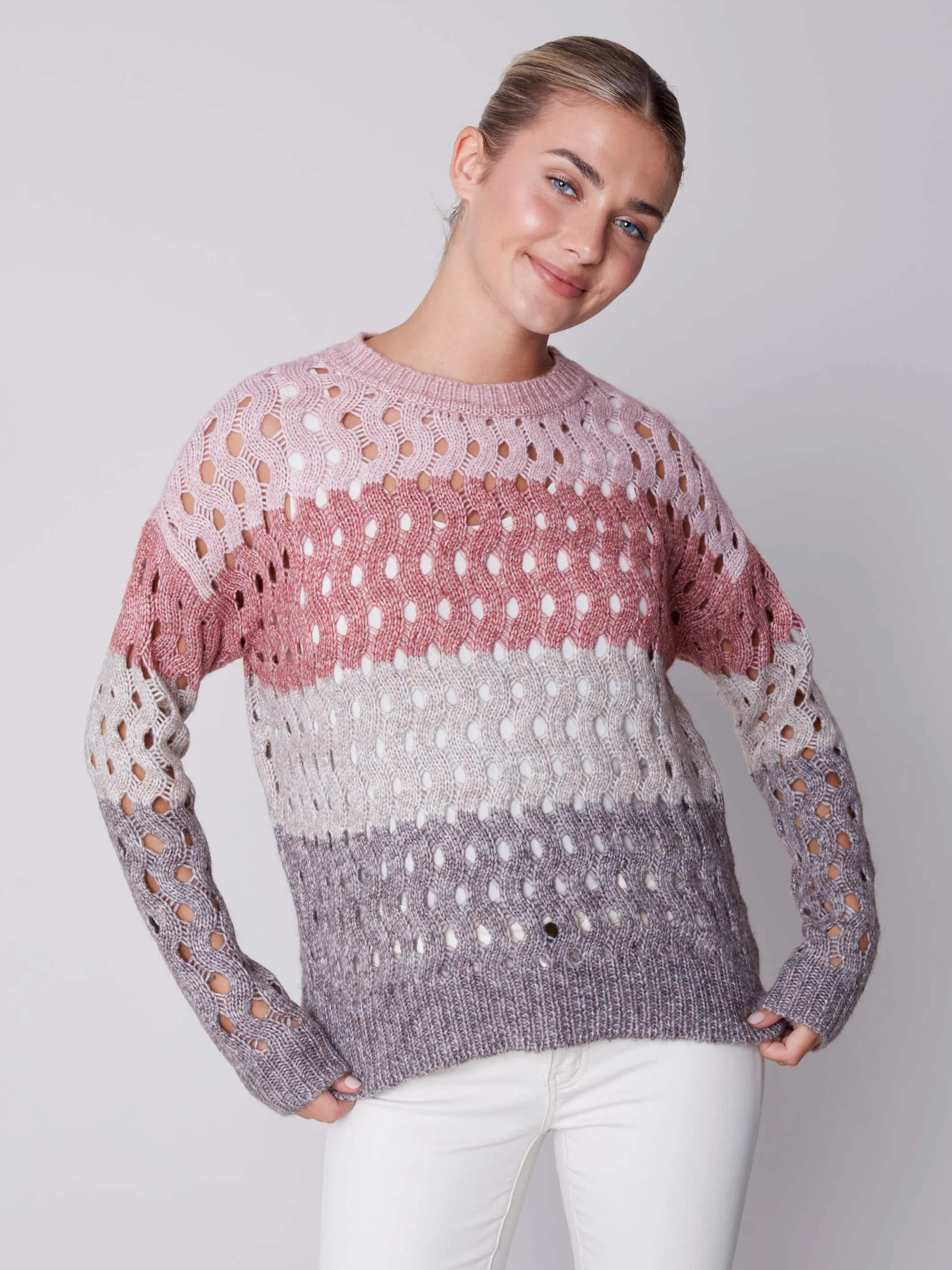 Striped Wavy Net Stitch Sweater