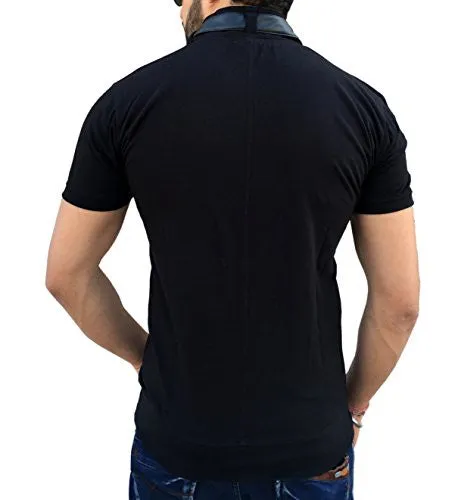 Tees Collection Men's Stylish Leather Flap Dragon Neck T-Shirt (Black_TCLF001)