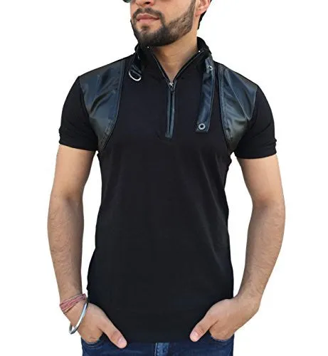 Tees Collection Men's Stylish Leather Flap Dragon Neck T-Shirt (Black_TCLF001)