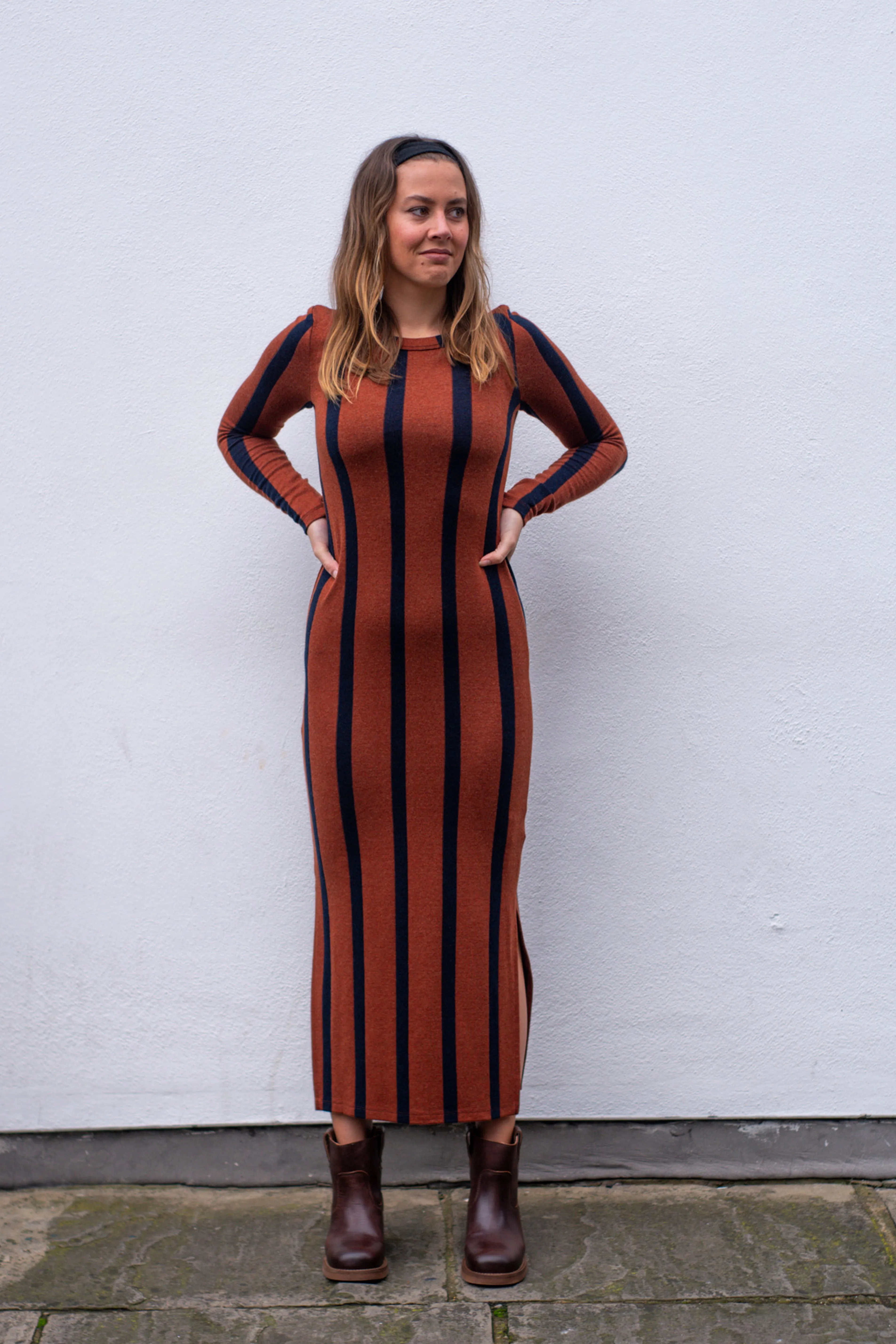 Thinking Mu Brown Navy Stripe Gina Dress