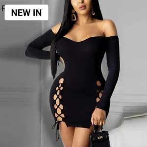 Trendy Hollow Out Low Shoulder Black Mini Dress