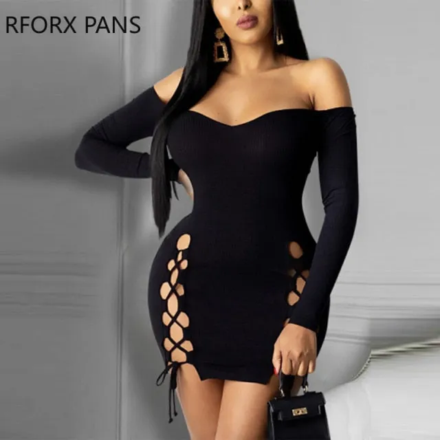 Trendy Hollow Out Low Shoulder Black Mini Dress