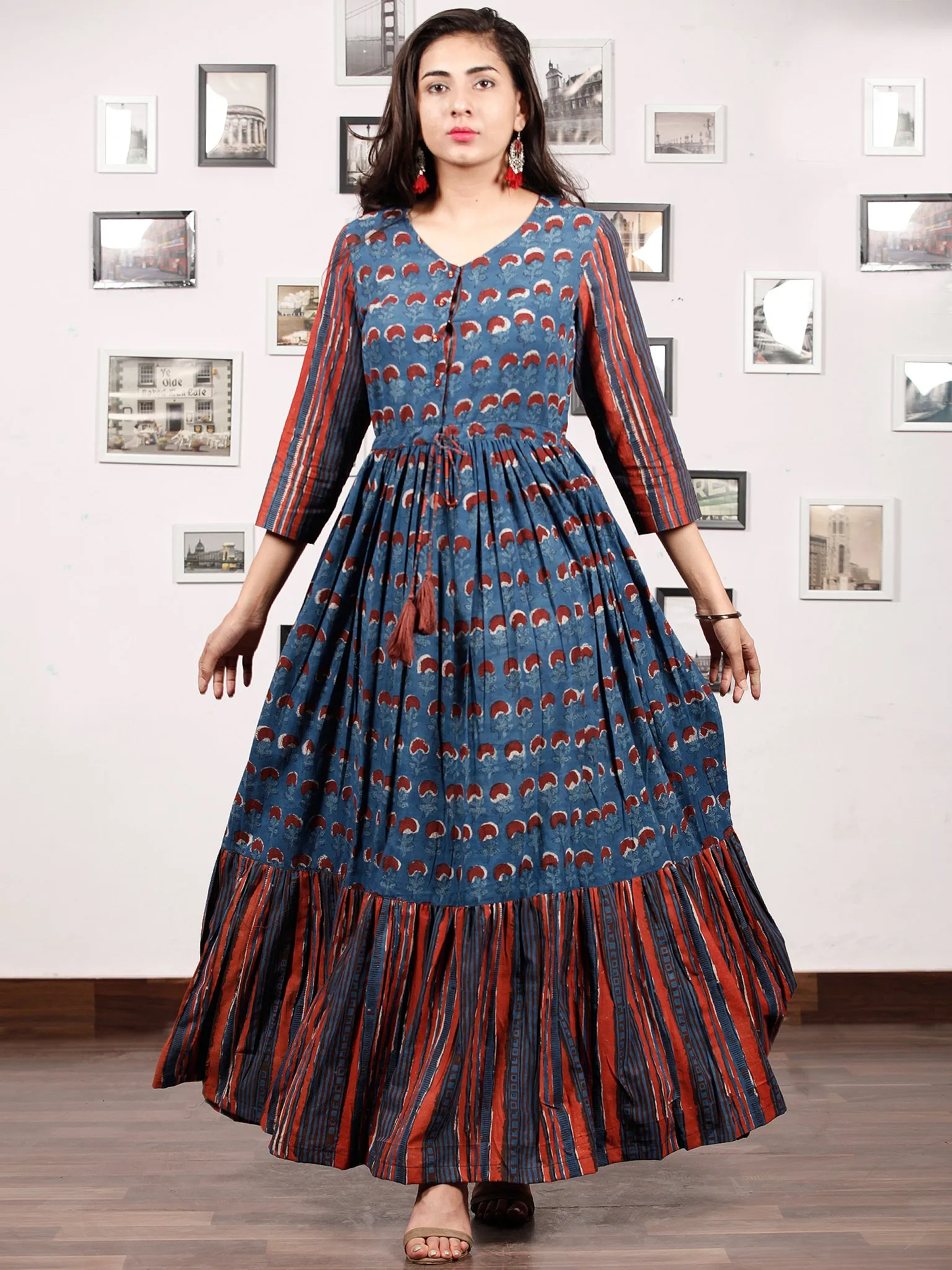 TRENDY RUSSET - Hand Block Printed Cotton Long Dress With Tie Up Waist -  D170F1336