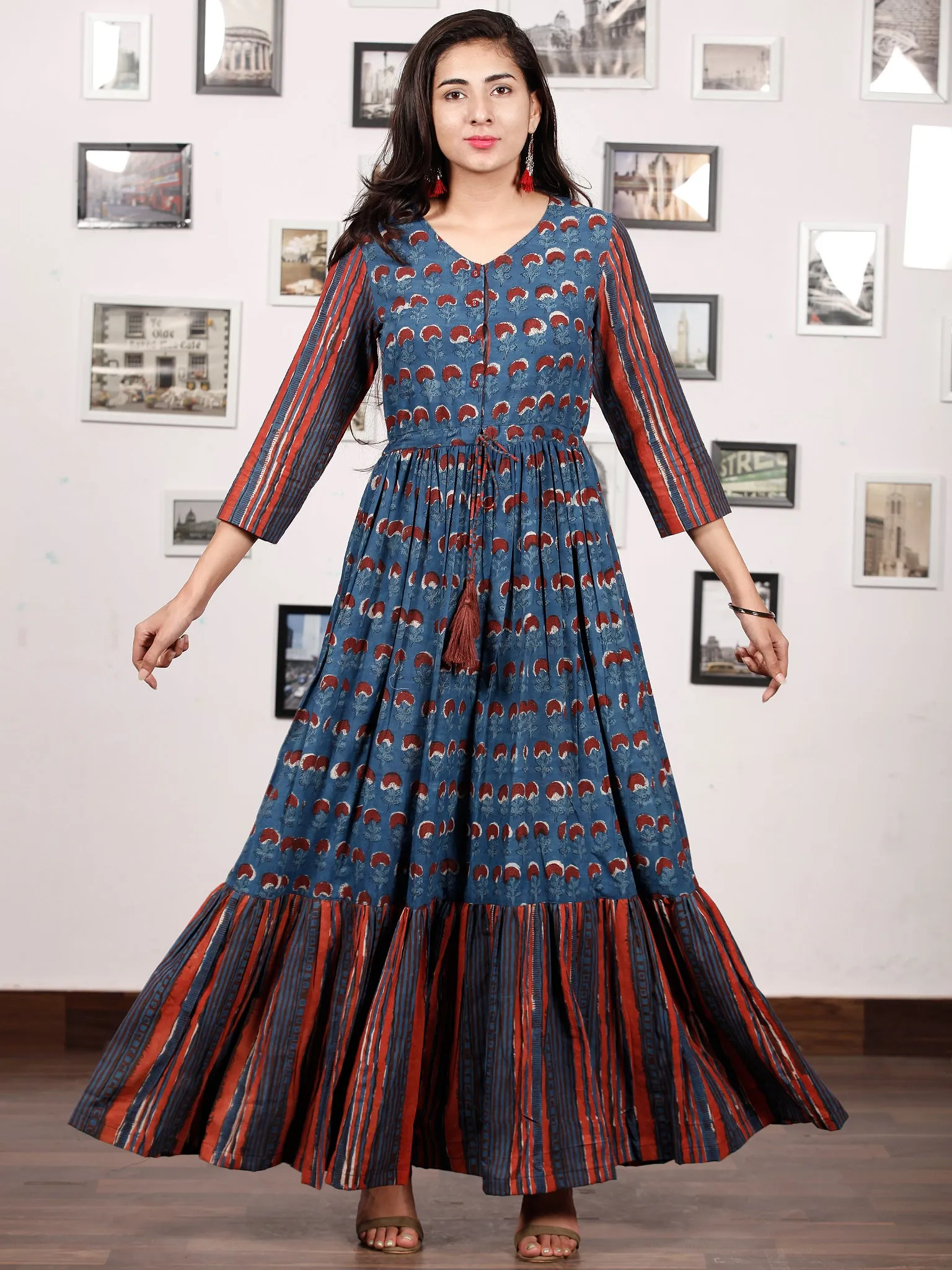 TRENDY RUSSET - Hand Block Printed Cotton Long Dress With Tie Up Waist -  D170F1336