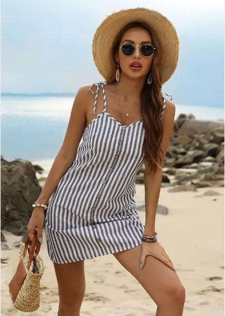 Trendy Stripes Tied Straps Backless Mini Dress