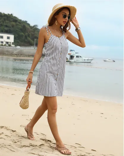 Trendy Stripes Tied Straps Backless Mini Dress