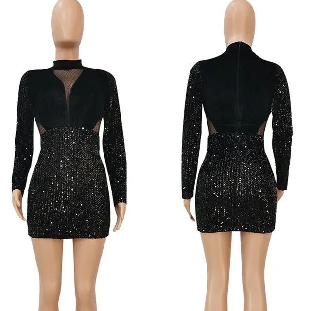 Trendy Velvet Mesh Sparkly Long Sleeve Dress