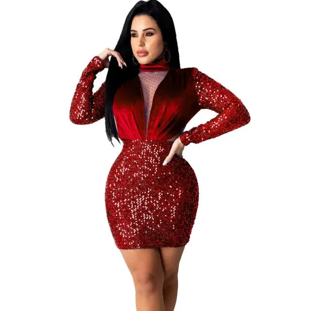 Trendy Velvet Mesh Sparkly Long Sleeve Dress