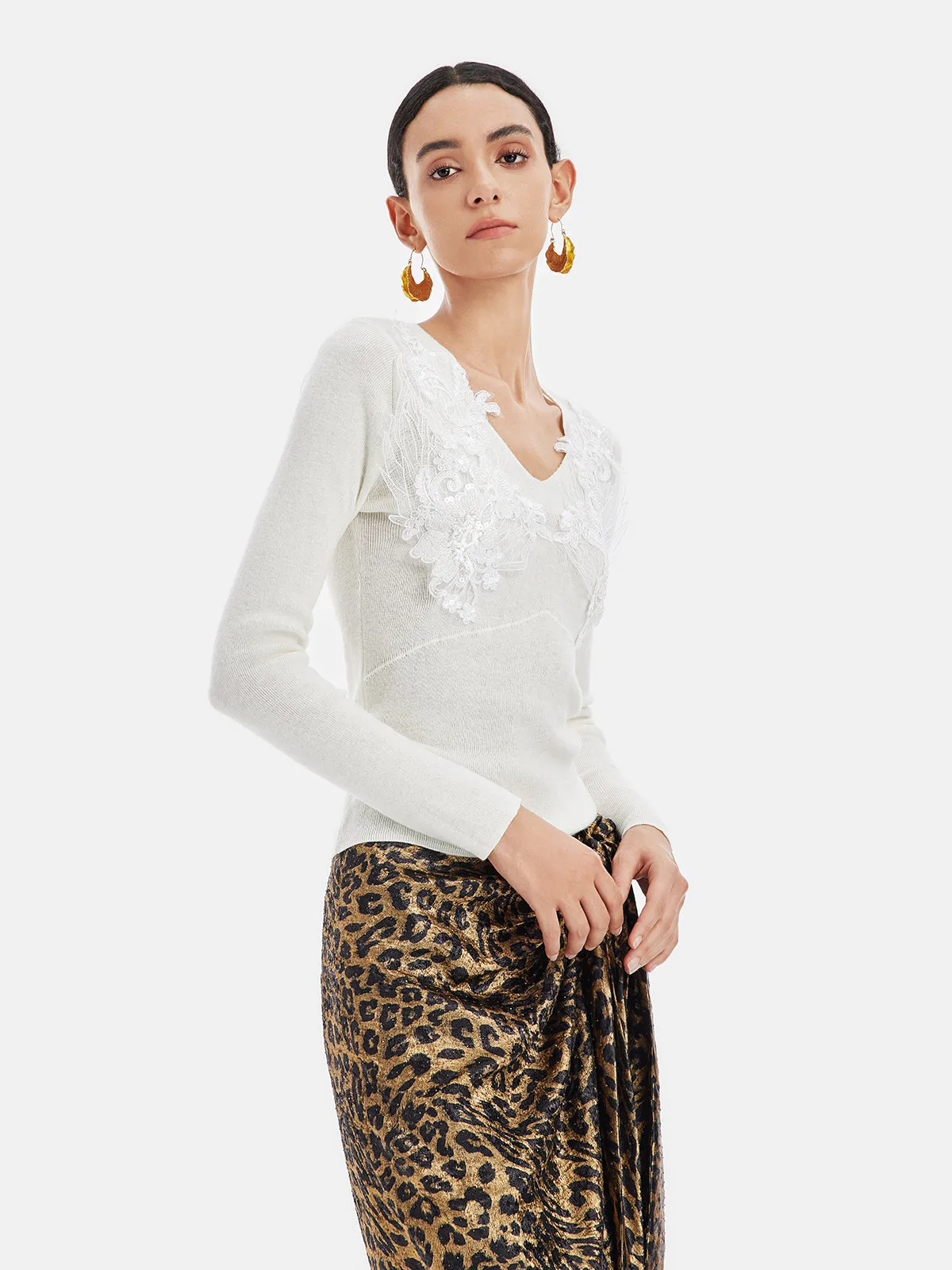 V-Neck Lace Wool Embroidered Sweater