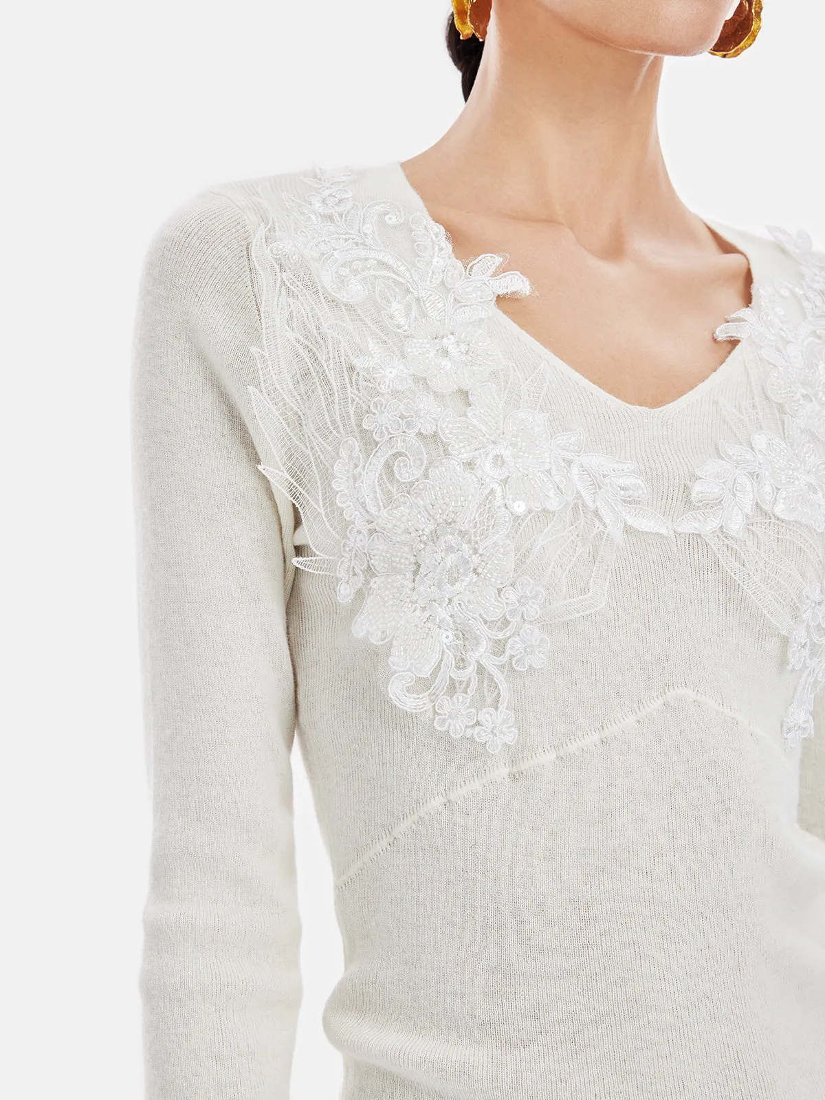 V-Neck Lace Wool Embroidered Sweater