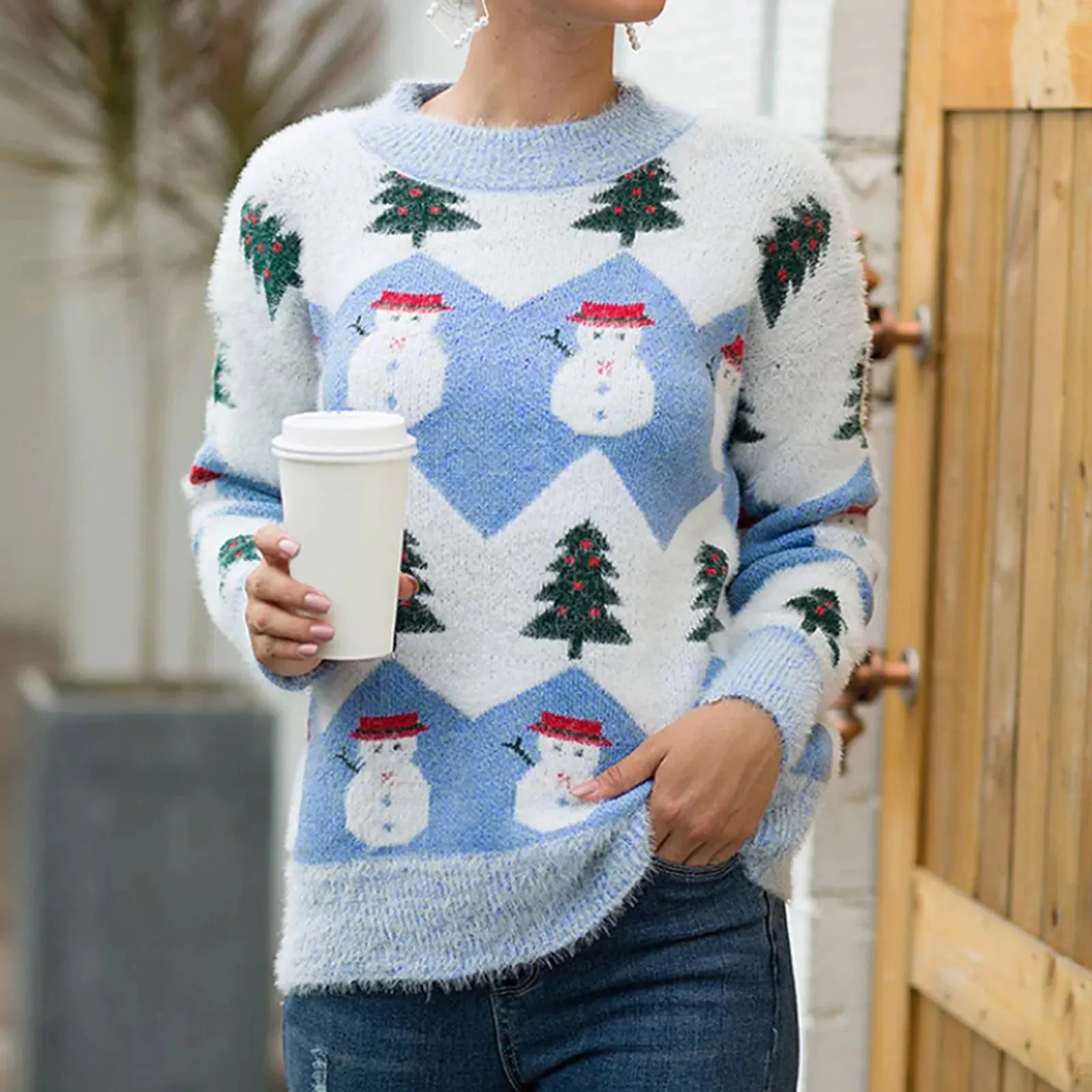 Wenkouban-Christmas Thanksgiving outfits_Ugly Christmas Snowman Cartoon Knit Long Sleeve Female Tree Christmas Sweater