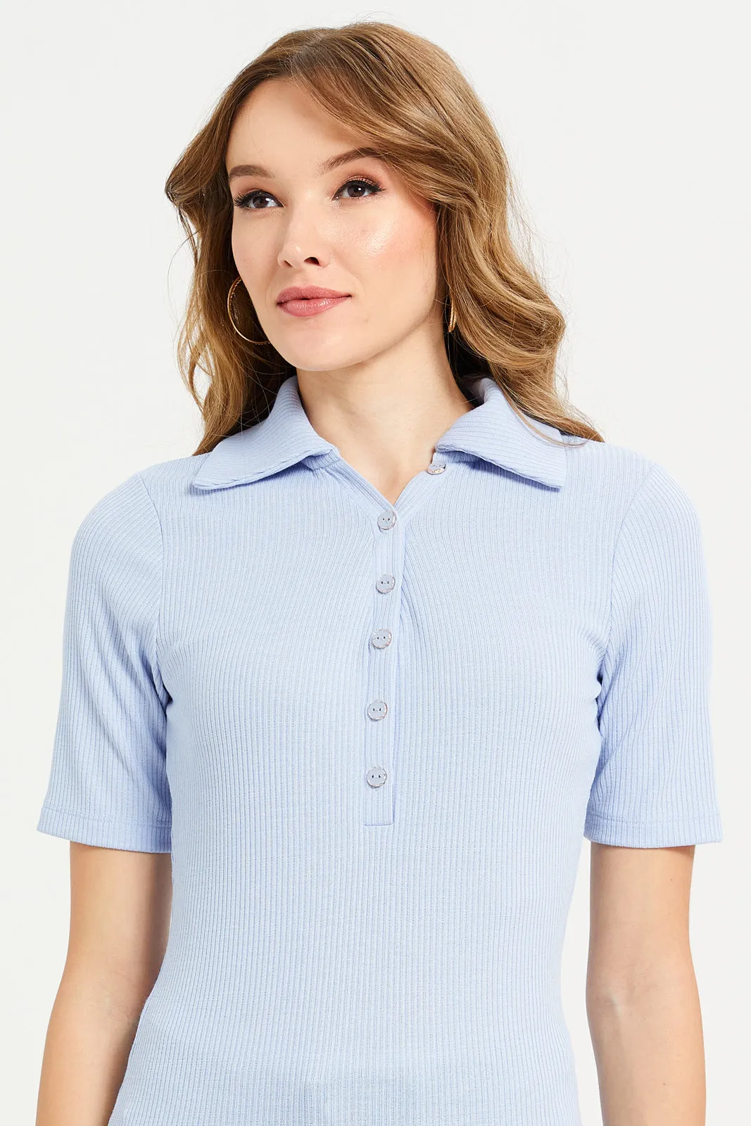 Women Blue Rib Collared Top