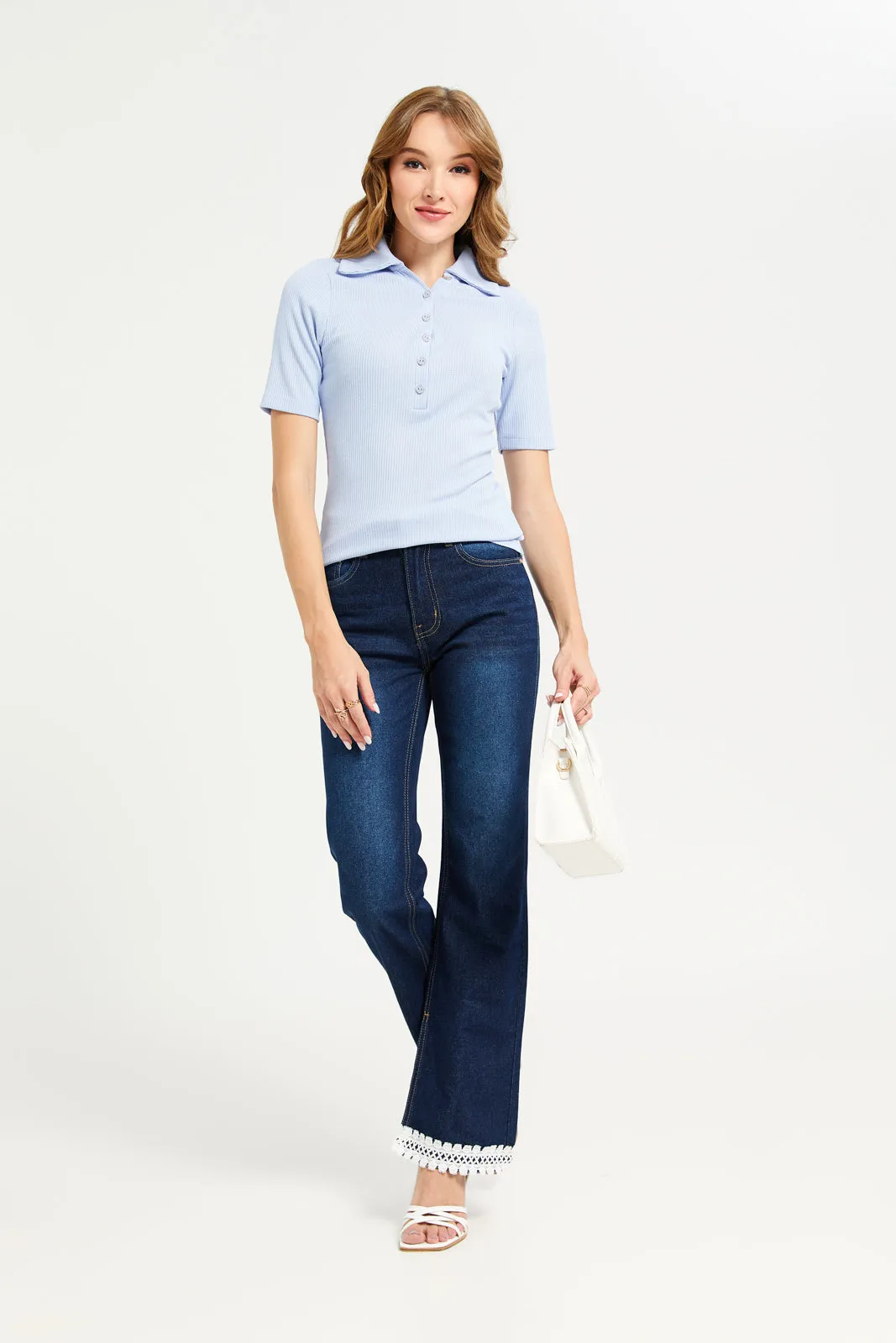 Women Blue Rib Collared Top