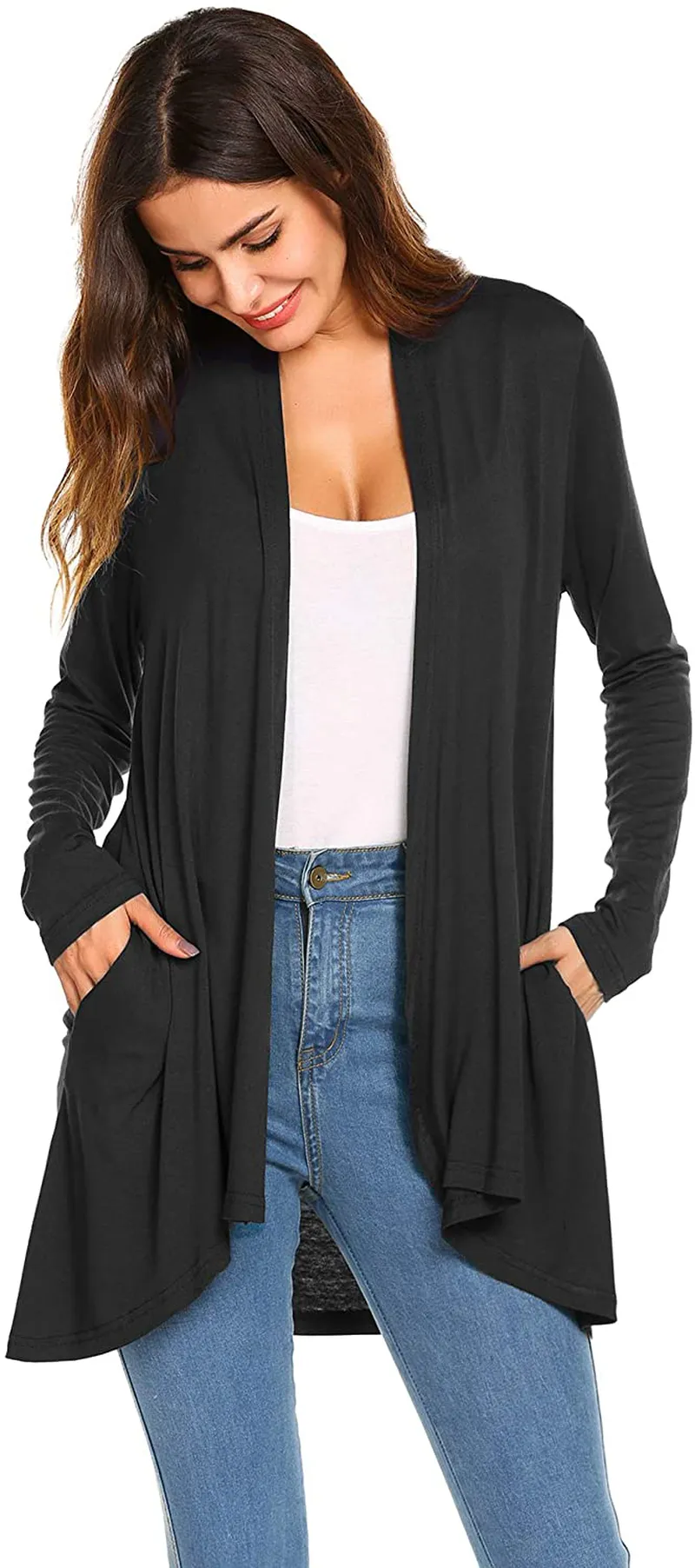 Women's Casual Long Sleeve Open Front Lightweight Drape Cardigans with Pockets